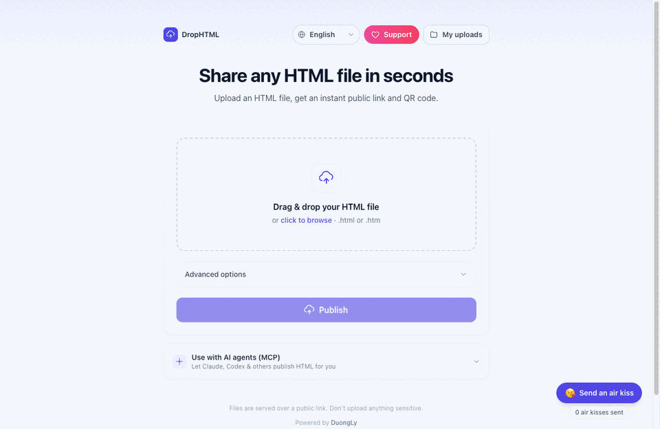 DropHTML demo — drop an HTML file, get a link and QR