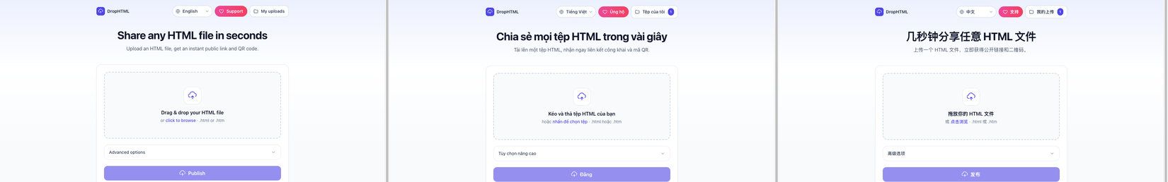 DropHTML shown in English, Vietnamese and Chinese