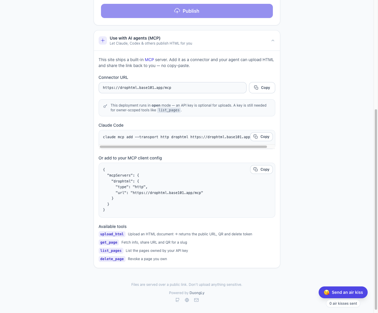 DropHTML MCP guide in the app