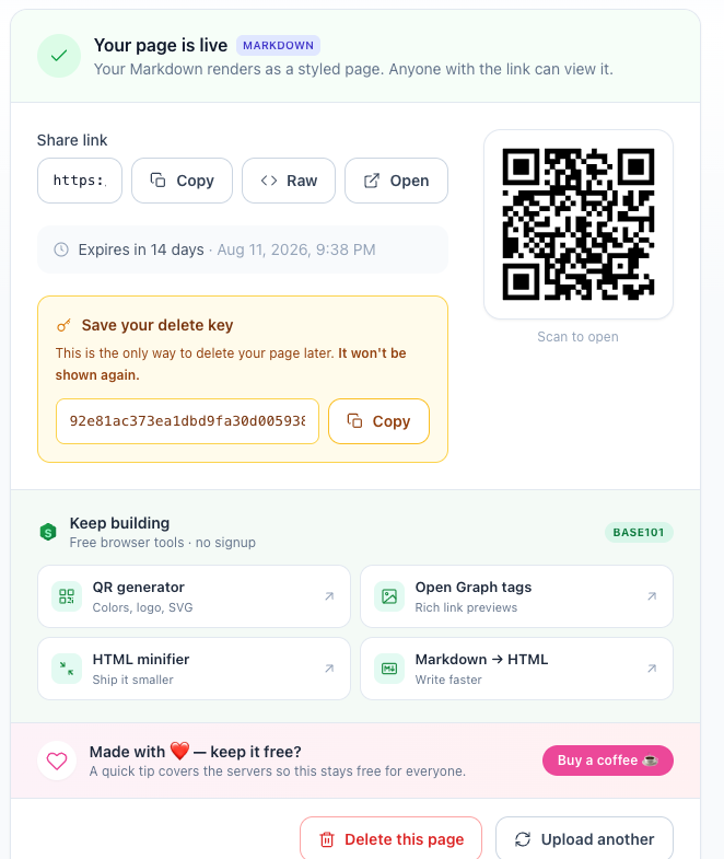 DropHTML result card for a Markdown upload — a share link, a Raw source button and a QR code